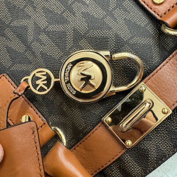 Michael Kors Hamilton Large Logo MK Signature Brown Gold Lock Bag Handbag - Picture 9 of 11